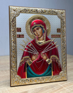 Семистрельная БМ, икона прямоугольная без рамки, красное дерево, эмаль 175х225