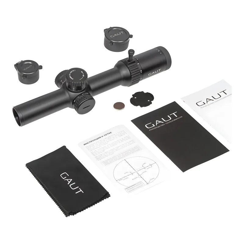 Прицел Gaut Obsidian 1-6x24, сетка 39, 0.1 МIL - комплект поставки, крышки, инструкция, салфетка