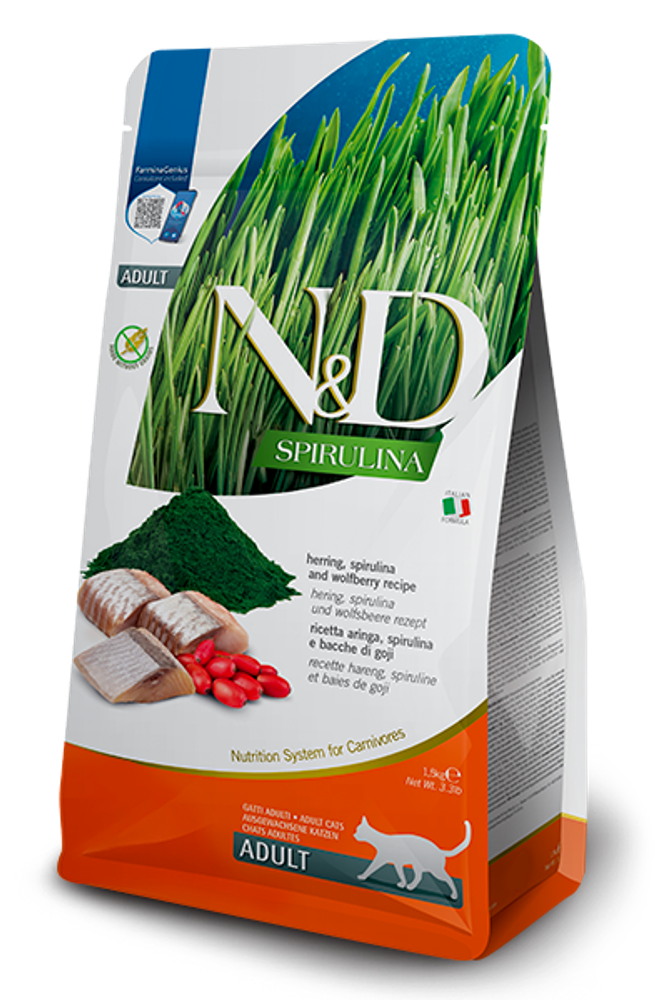 Сухой корм FARMINA N&amp;D SPIRULINA для взрослых кошек с сельдью и ягодами годжи - 1,5 кг