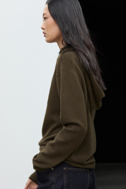 Massimo Dutti Трикотажный свитер с капюшоном и пуговицами, хаки