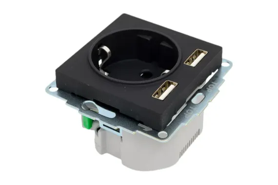 Розетка Systeme Electric ATLASDESIGN с заземлением со шторкой + 2 USB 2400мА карбон 38387