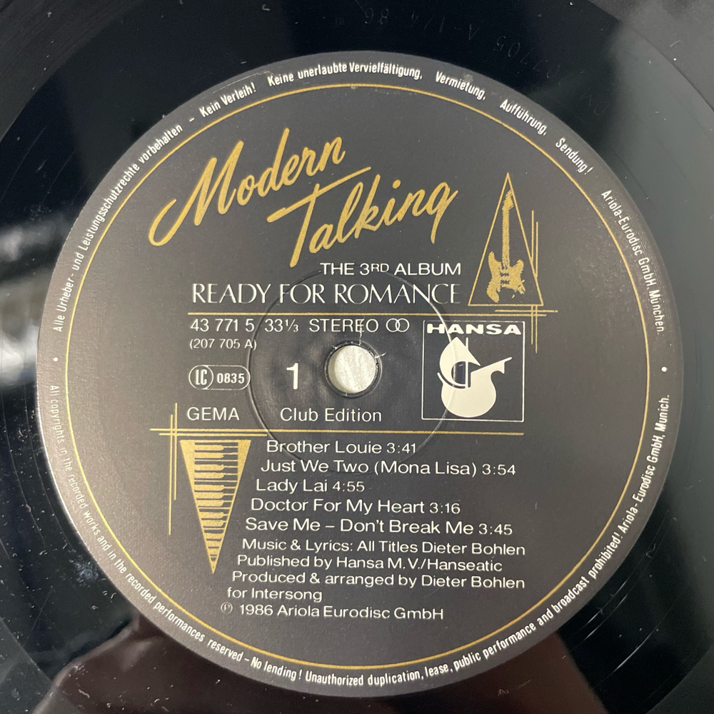 Винтажная виниловая пластинка LP Modern Talking, Ready For Romance (The 3rd Album) (Германия 1986) (Club Edition)