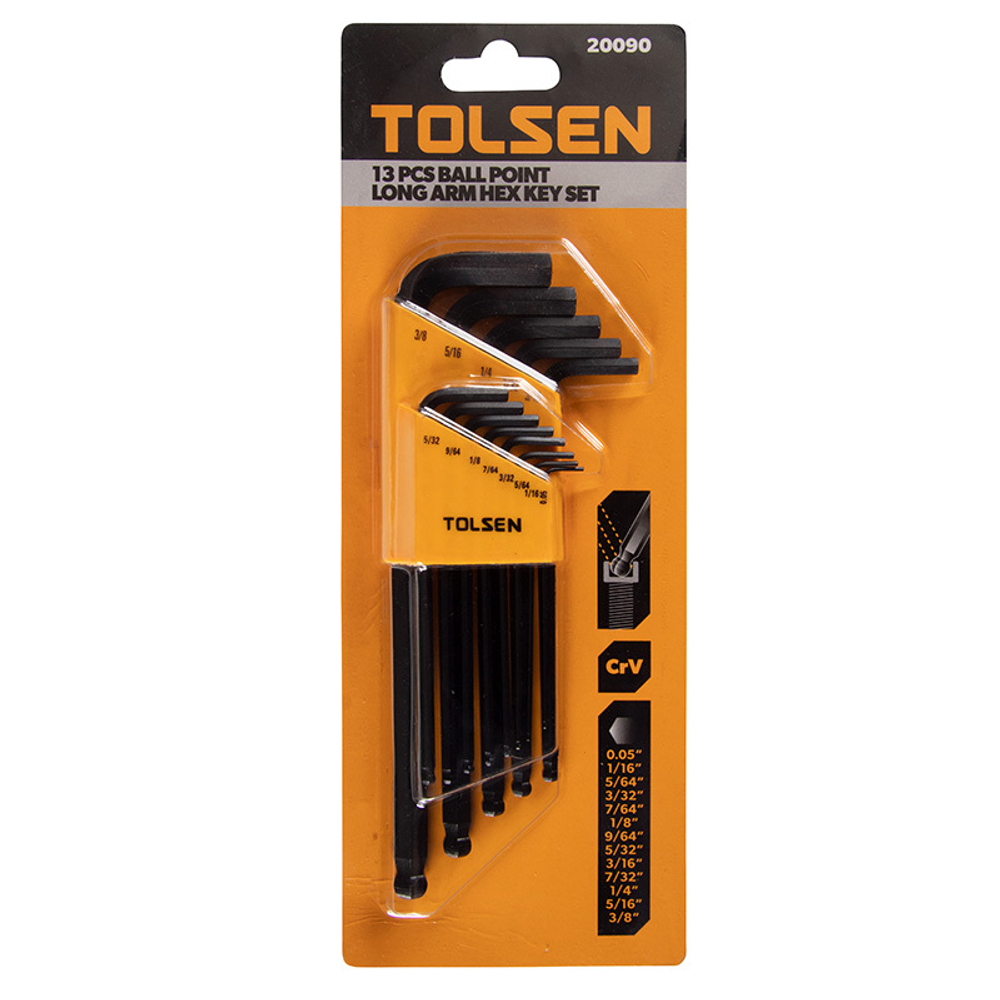 TOLSEN (TT20090) Набор Г-образных шестигранников 0,05"-3/8", дюймовые, с шаровым окончанием, 13 предметов
