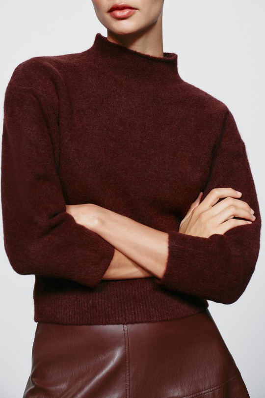 ZARA ТРИКОТАЖНЫЙ СВИТЕР С ВОРОТНИКОМ-СТОЙКОЙ, БУРГУНДИ
