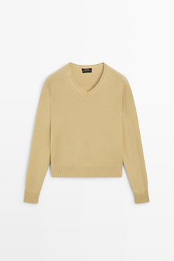 Massimo Dutti Свитер из 100% шерсти с V-образным вырезом, оливковый