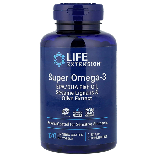 Life Extension, супер омега-3, рыбий жир с ЭПК и ДГК, лигнаны кунжута и экстракт оливы, 120 капсул, покрытых кишечнорастворимой оболочкой