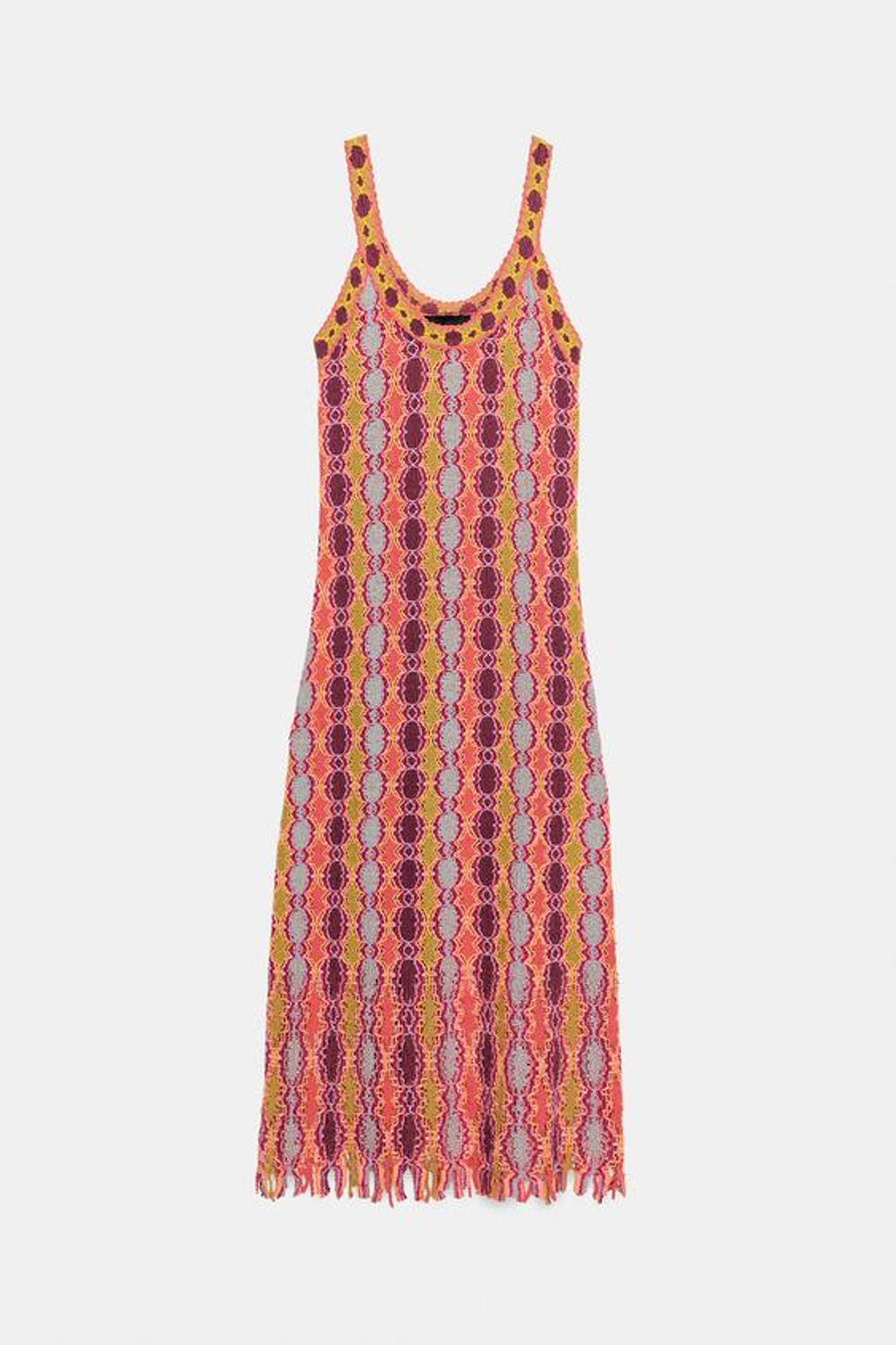 ZARA ДЛИННОЕ ТРИКОТАЖНОЕ ПЛАТЬЕ С БАХРОМОЙ, РАЗНОЦВЕТНЫЙ