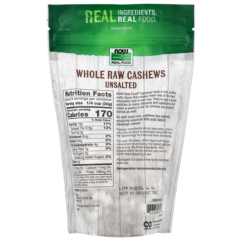 NOW Foods, Real Food, цельные необработанные кешью, несоленые, 284 г (10 унций)