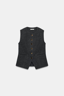 ZARA ЖИЛЕТ С ЗОЛОТИСТЫМИ ПУГОВИЦАМИ, МЯГКИЙ СЕРЫЙ