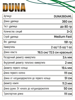 Удилище фидерное "DUNA" тест до 80гр, 3.60м, 3+3 (2oz, 1,5oz ,1oz Carb.)Carb 40T