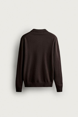 ZARA ТРИКОТАЖНОЕ ПОЛО ИЗ ХЛОПКА И ЛЬНА, КОРИЧНЕВЫЙ