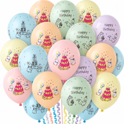 Шары макарунс "Happy Birthday: зайчики и тортики"