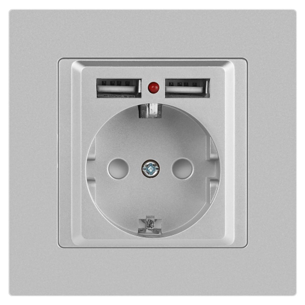 Розетка Intro Accent 6-410-03 с заземлением 2P+E Schuko со шторками 16А-250В + 2хUSB IP20 СУ алюминий | Intro