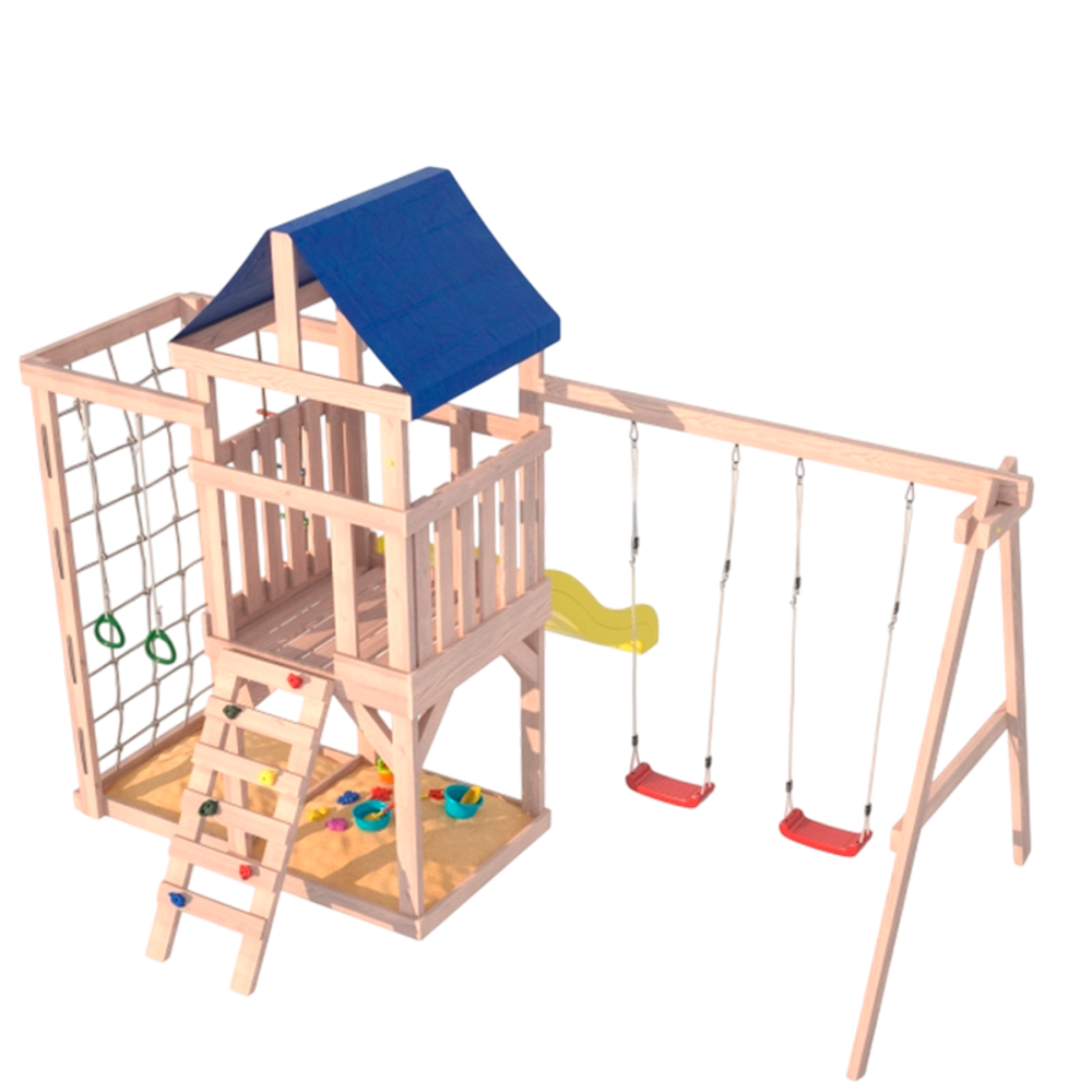 Детская площадка для улицы и дачи Fun Land неокрашенная с сеткой стенкой и качелями