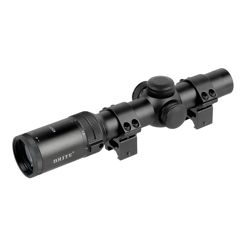 Прицел оптический BRITE LPVO 1-4X24 IR - вид сзади со стороны окуляра с кольцами крепления