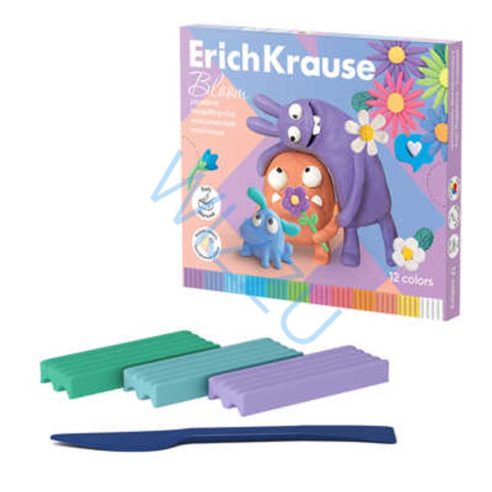 Пластилин классический ErichKrause Jolly Friends Pastel Bloom 12 цветов со стеком, 216 г (в коробке 12 шт) Арт-61354