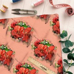Ткань блэкаут красные цветы на оранжевом фоне