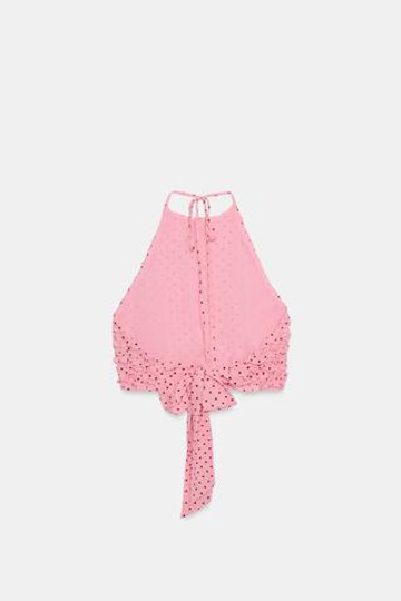 ZARA ТОП ХАЛТЕР С ВОЛАНАМИ, ЯРКО-РОЗОВЫЙ