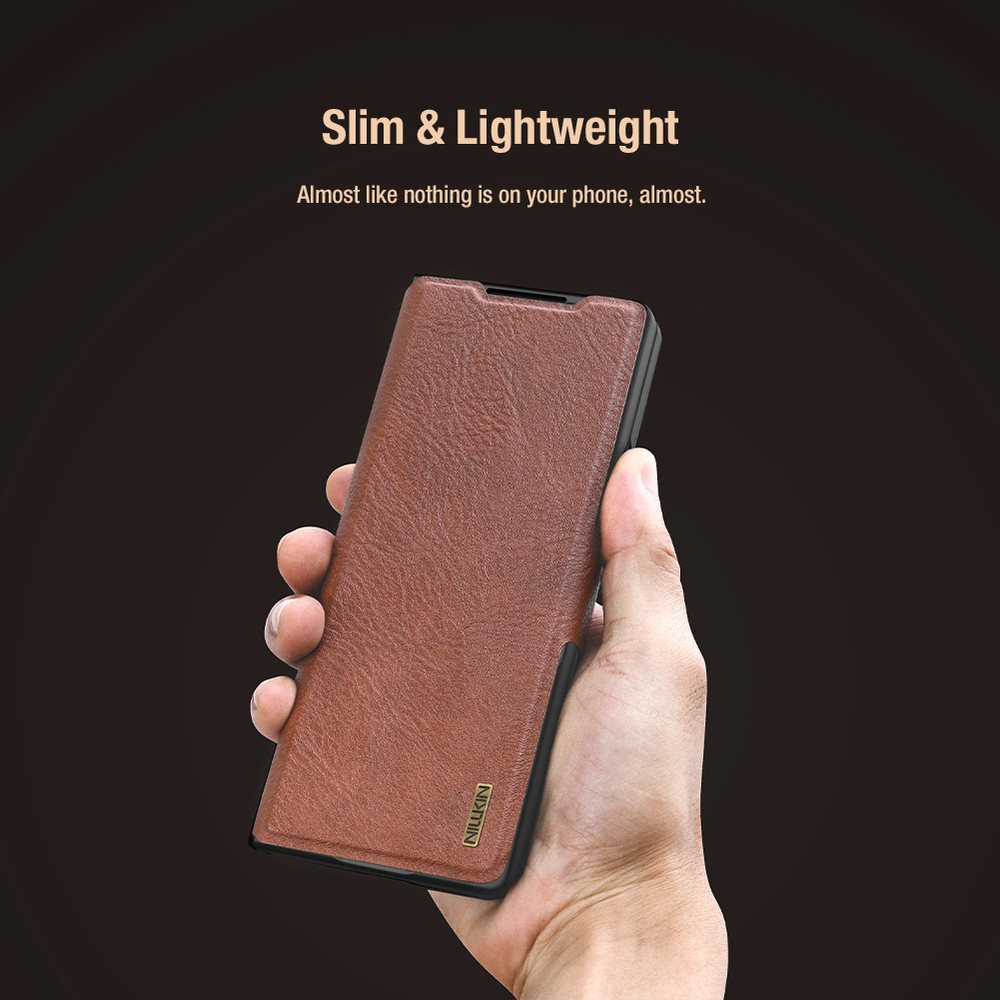 Кожаный чехол коричневого цвета для Samsung Galaxy Fold 7, серия Aoge Leather от Nillkin (с эластичным карманом для хранения S-pen)