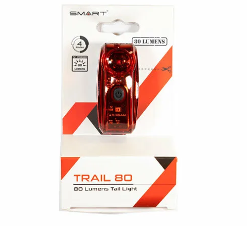 Фонарь SMART TRAIL 80, задний , 2 диода (1 с линзой), 4 режима (2 ночных), крепеж на подседельный штырь/верхнее перо, батарейки в комплекте