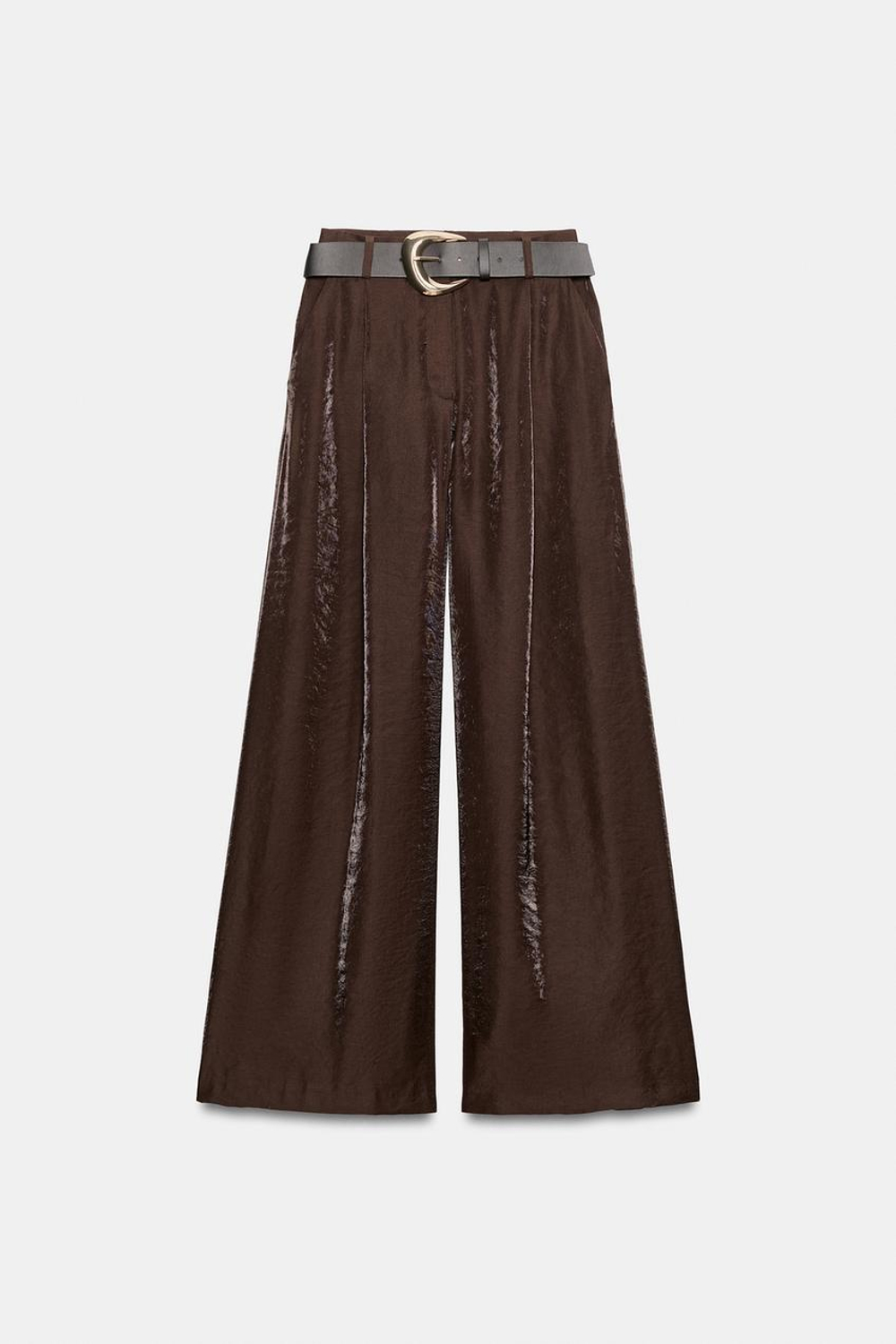 ZARA ШИРОКИЕ АТЛАСНЫЕ БРЮКИ С РЕМНЕМ, КОРИЧНЕВЫЙ