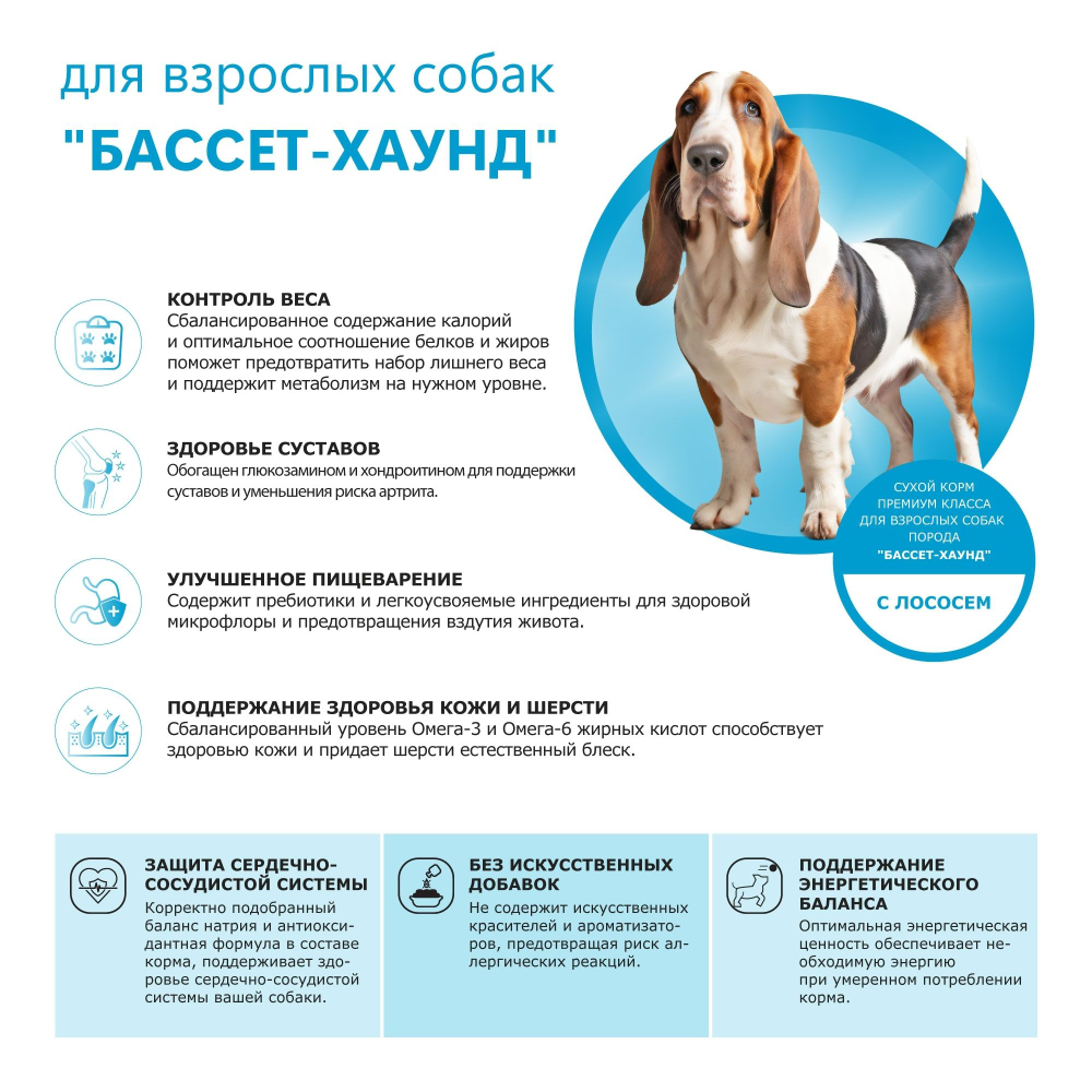 Корм сухой для взрослых собак породы Бассет-хаунд, премиум полнорационный комплекс, с лососем, 12 кг, QUATTRO