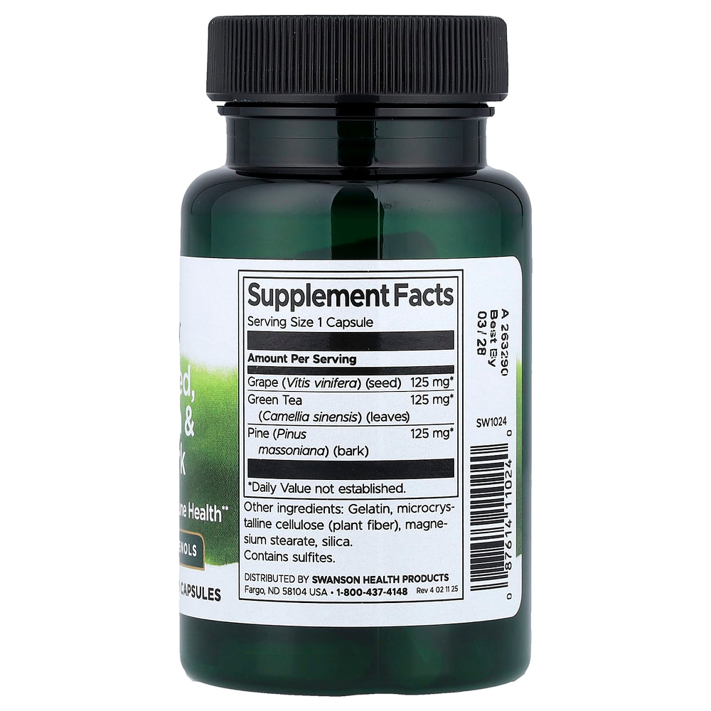 Swanson Vitamins, виноградные косточки, комплекс с зеленым чаем и сосновой корой, 60 капсул