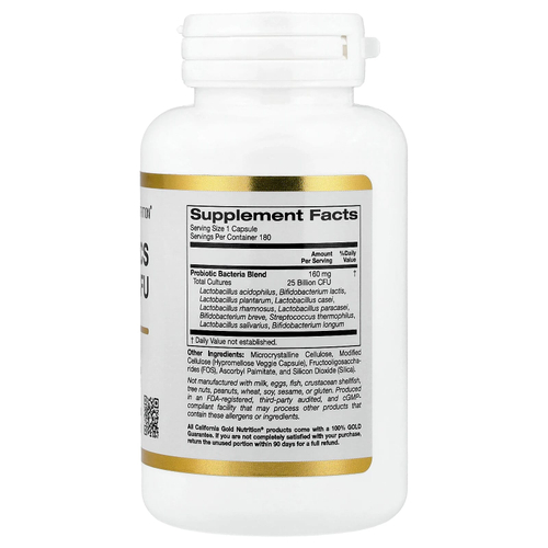 California Gold Nutrition, пробиотики с ацидофильными лактобактериями, бифидобактериями лактис, лактобактериями плантарум и лактобактериями казеи, смесь из 10 штаммов, 25 млрд КОЕ, 180 вегетарианских капсул