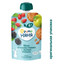 Фрутоняня пауч пюре из яблоко, земляника, ежевика с овсянным печеньем 90г с 6 месяцев