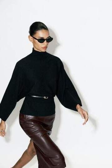 ZARA СВИТЕР ИЗ ТРИКОТАЖА С ПОЯСОМ, ЧЕРНЫЙ
