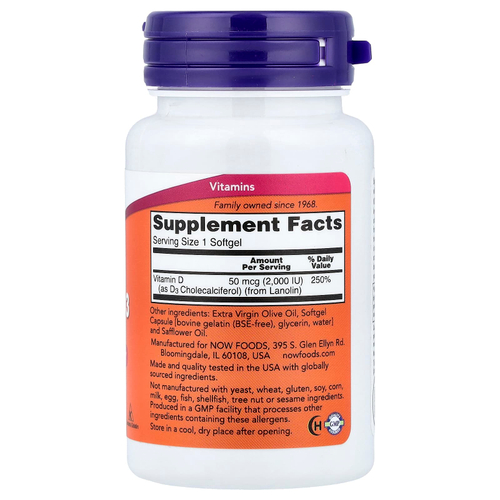 NOW Foods, витамин D3, 2000 МЕ, 120 капсул