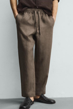ZARA БРЮКИ RELAXED FIT ИЗ 100% ЛЬНА, СЕРО-КОРИЧНЕВЫЙ