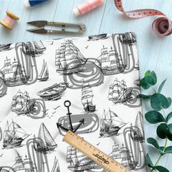 Ткань шифон чёрные эскизы кораблей на белом фоне