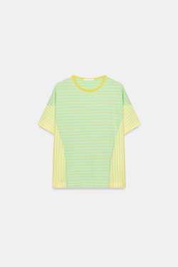 ZARA ХЛОПКОВАЯ ФУТБОЛКА В ПОЛОСКУ С ЛЬНОМ, ЛИНЯЛЫЙ ЗЕЛЕНЫЙ