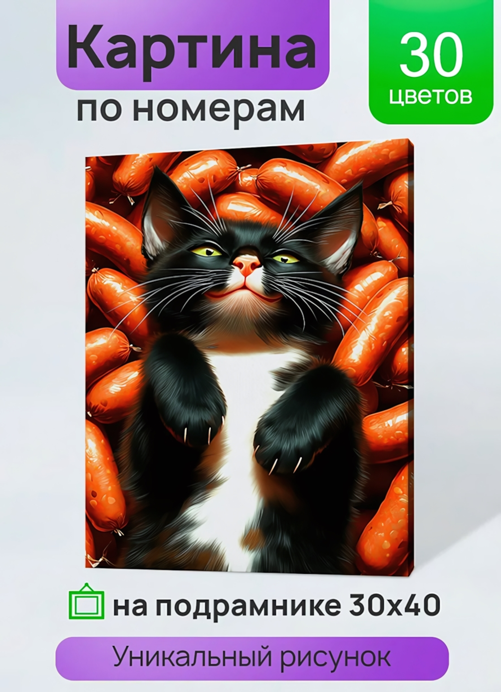 Картина по номерам 30*40см. "Довольный кот в сосисках" (арт.ХК-3919)