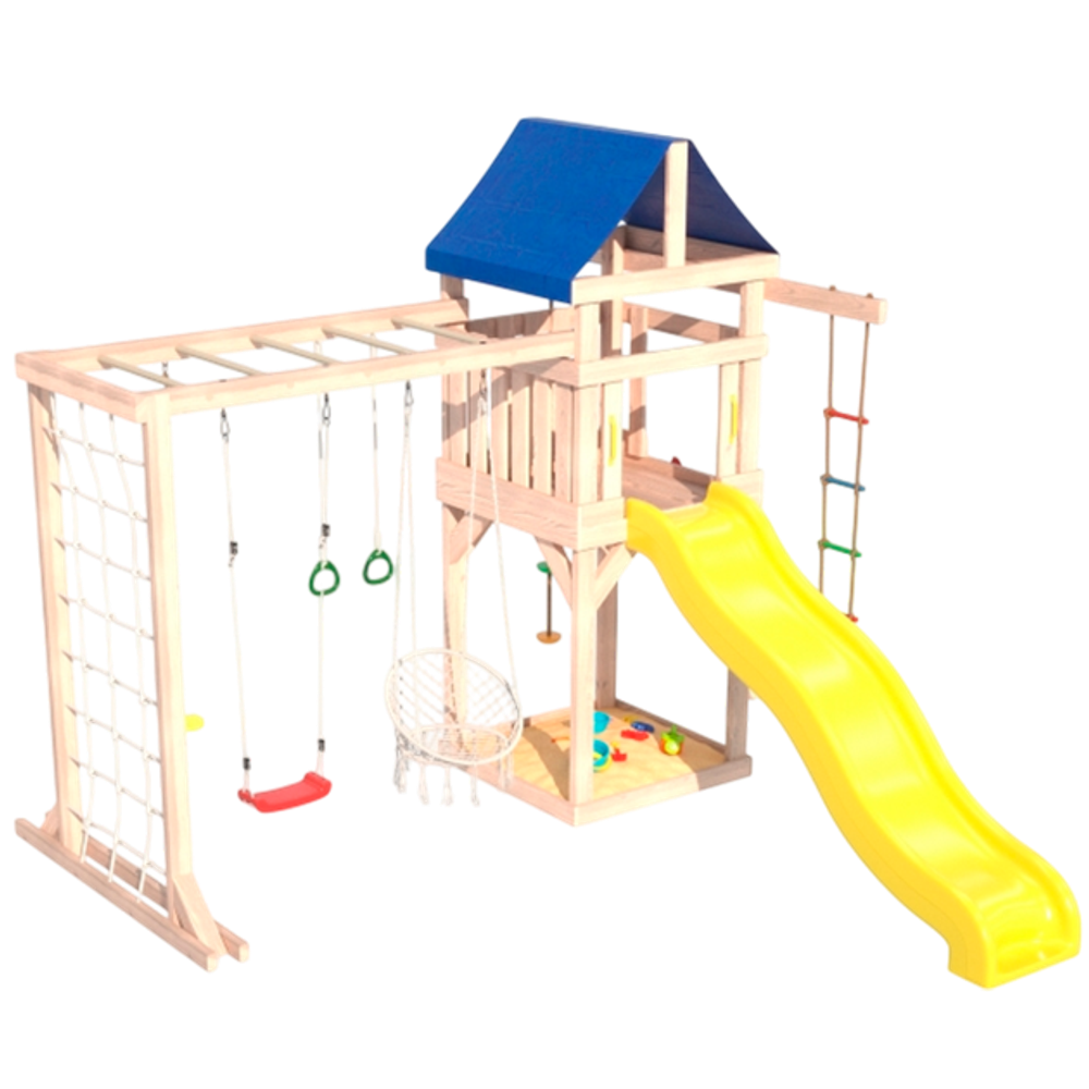 Детская площадка неокрашенная Fun Land с модулем сетка-рукоход, подвесным креслом и качелями