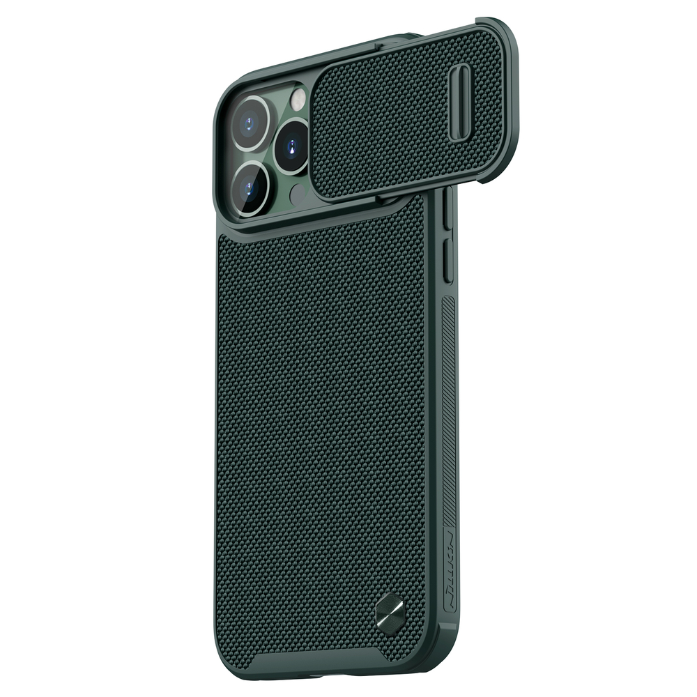 Текстурный чехол зеленого цвета (Dark Green) для iPhone 13 Pro Max от Nillkin, серия Textured Case S (покрытие нейлонового волокна), полуавтоматическая механизм сдвижной шторки