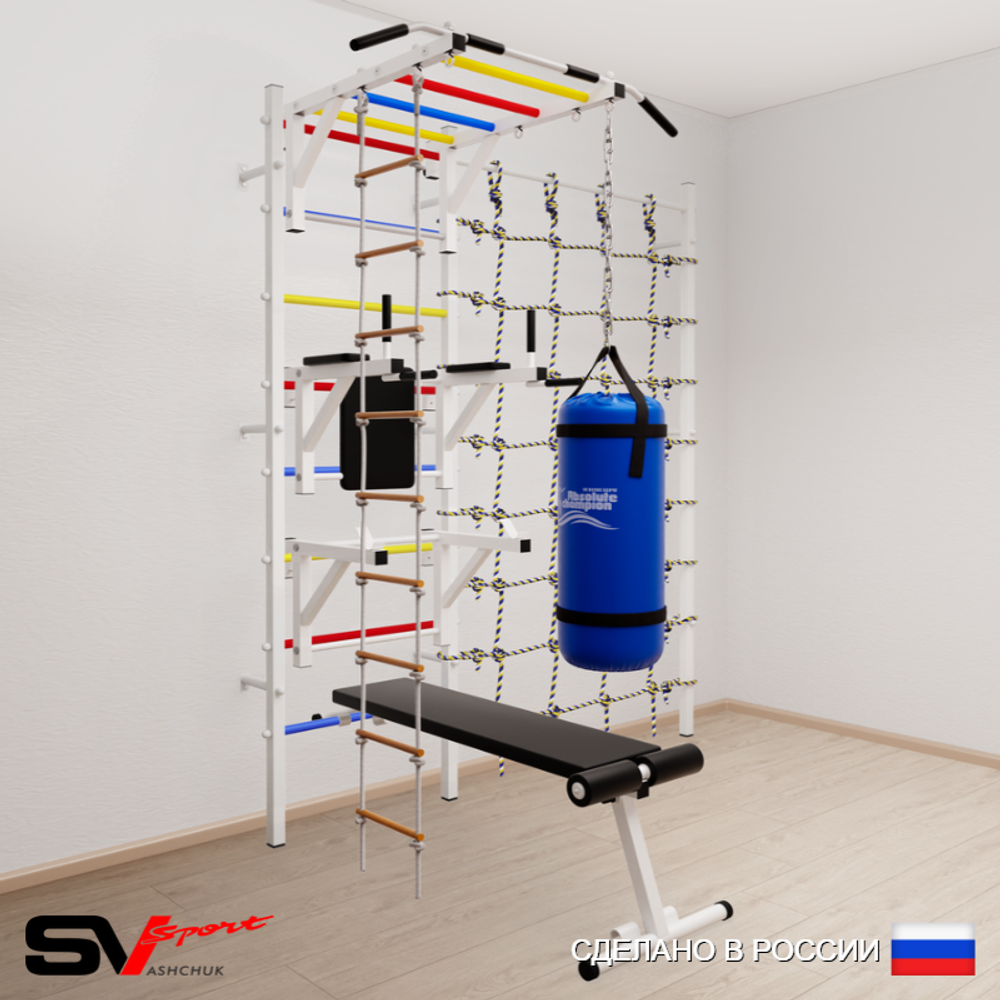 Шведская стенка Sv Sport 56230 (Турник рукоход/Брусья/Стойка/Скамья/Лестница/Цепь/Мешок 30кг/Канатный лаз)