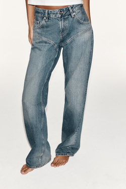 ZARA ДЖИНСЫ TRF STRAIGHT С НИЗКОЙ ПОСАДКОЙ И ШВАМИ, СИНИЙ