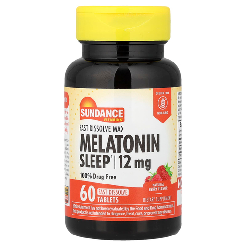 Sundance Vitamins, мелатонин, с натуральным ягодным вкусом, 12 мг, 60 быстрорастворимых таблеток
