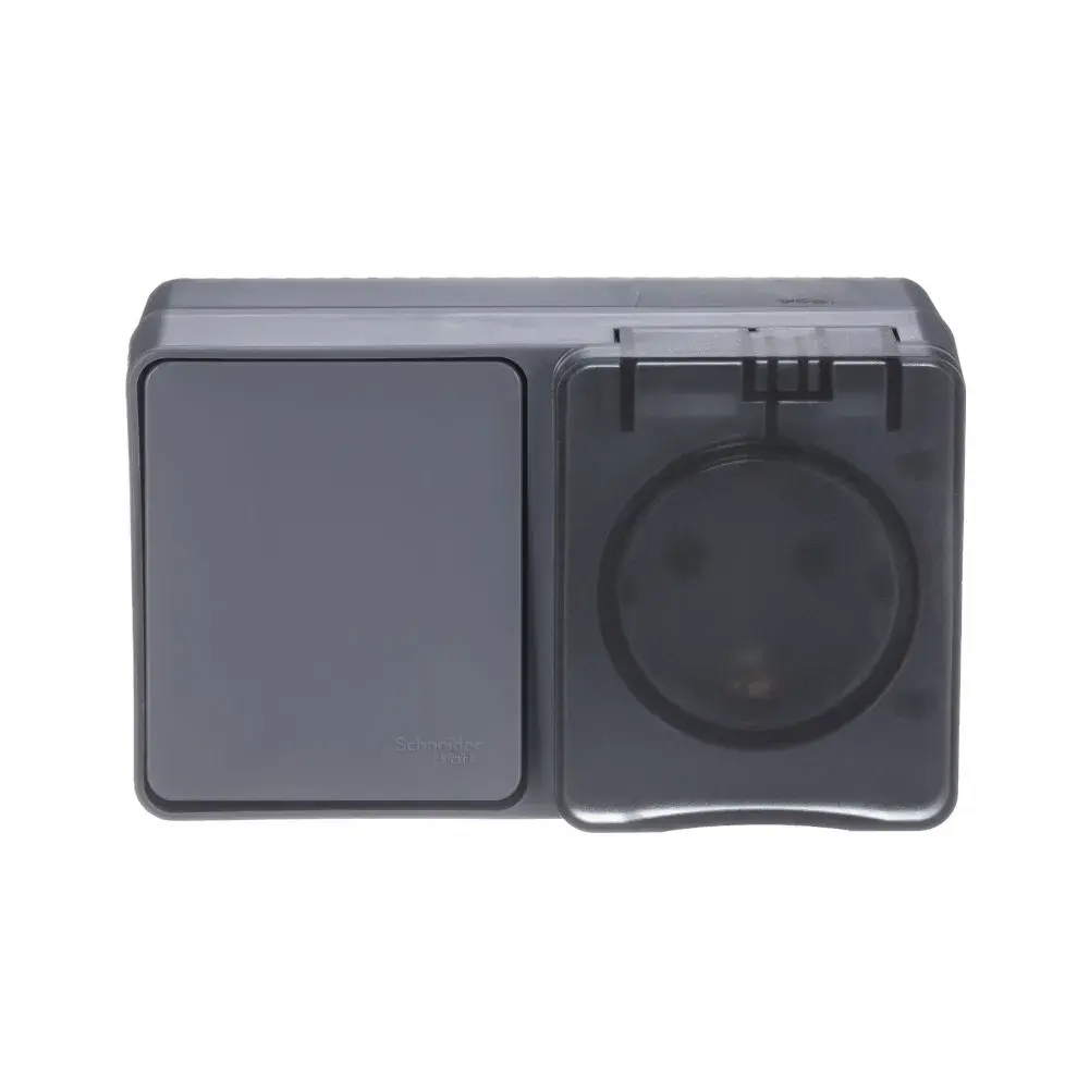 ATLASDESIGN PROFI IP54 О/У БЛОК: РОЗЕТКА с заземл. со шт., 16А, ВЫКЛЮЧАТЕЛЬ 1-клав., 10АХ, АНТРАЦИТ