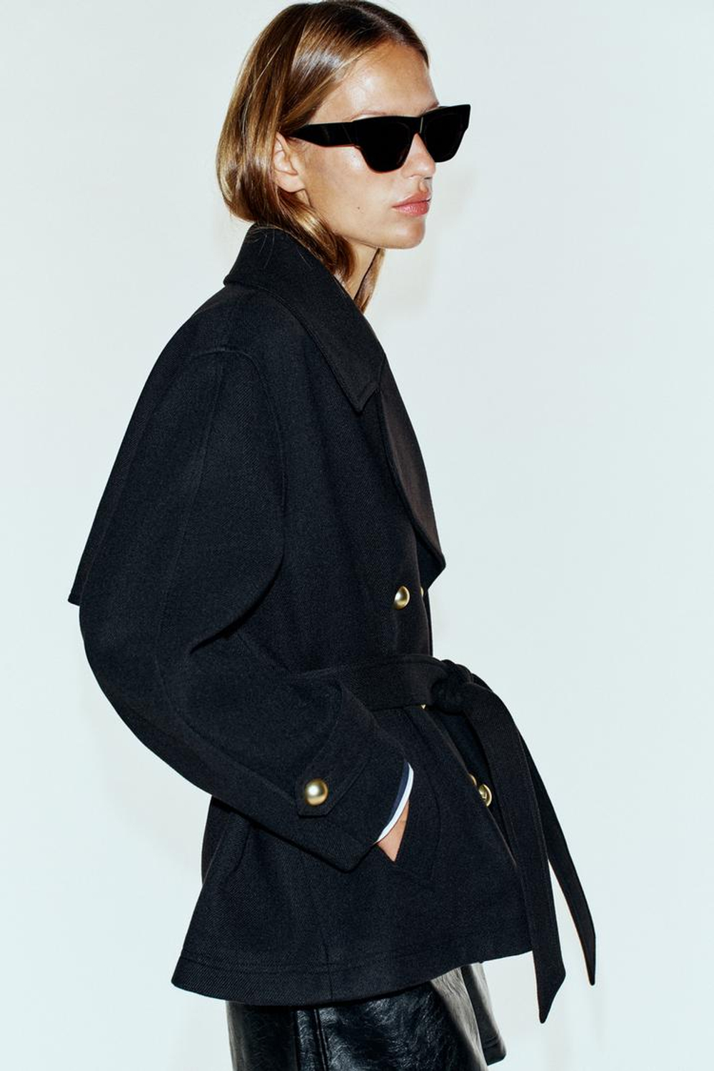 ZARA ДВУБОРТНОЕ ПАЛЬТО С ПОЯСОМ, ЧЕРНЫЙ