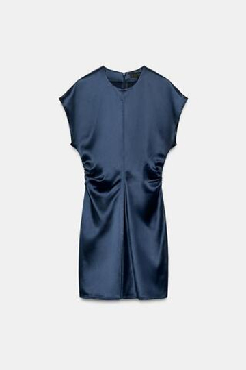 ZARA АТЛАСНОЕ ПЛАТЬЕ МИНИ, МОРСКОЙ ТЕМНО-СИНИЙ