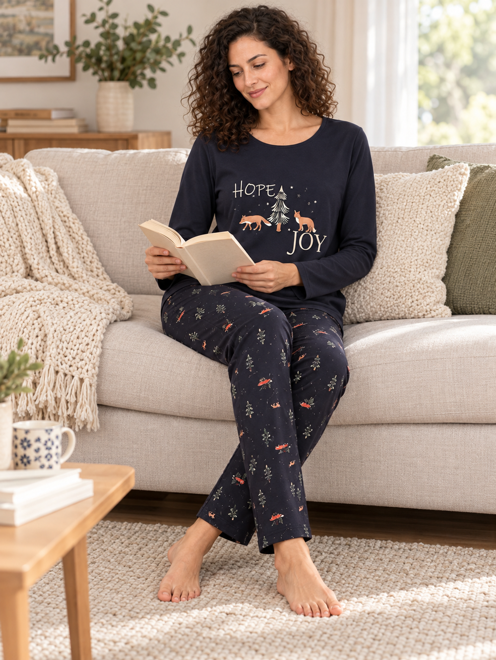 Женская пижама-комплект RUBINA Secret Homewear: верх и брюки, тёмная с зимним принтом