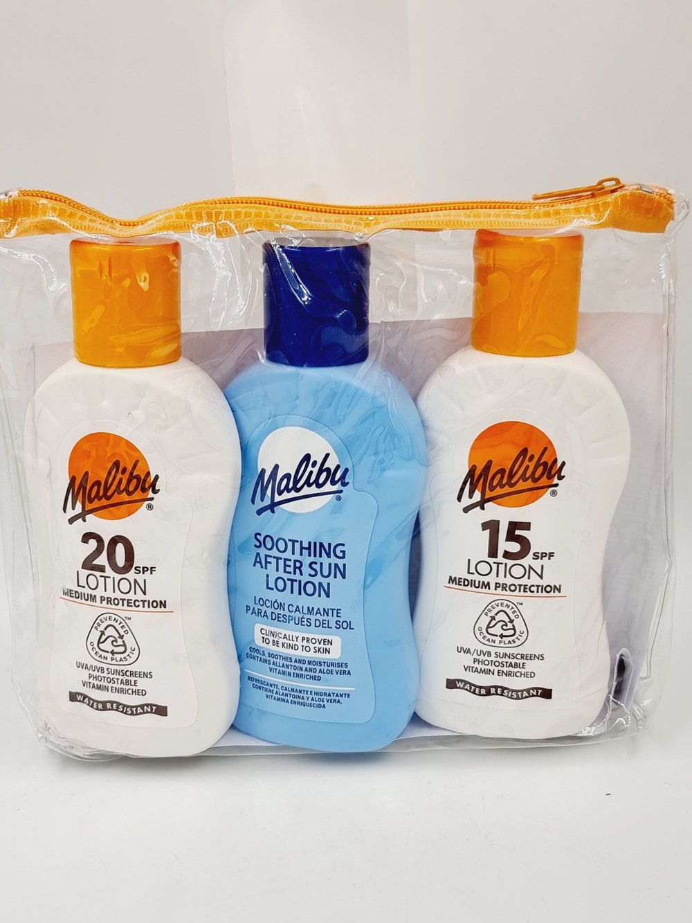 Набор дорожных лосьонов Malibu солнцезащитные SPF15 и SPF20 и после загара (3 шт. по 100 мл), Великобритания