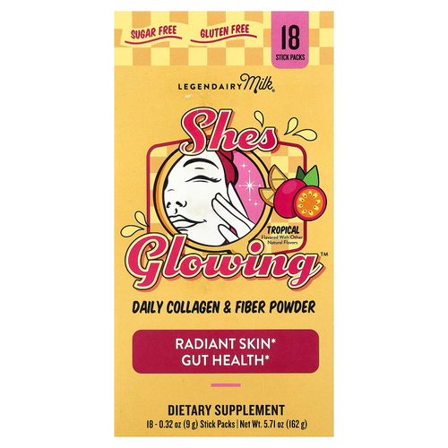 Legendairy Milk, She's Glowing™, ежедневный коллаген и клетчатка в порошке, со вкусом тропических фруктов, 18 стик-пакетов по 9 г (0,32 унции)