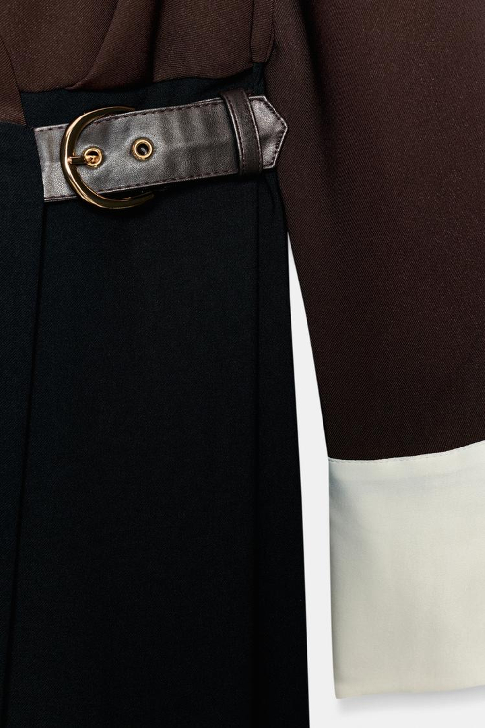 ZARA КОМБИНИРОВАННОЕ ПЛАТЬЕ МИДИ С ПРЯЖКОЙ, КОРИЧНЕВЫЙ