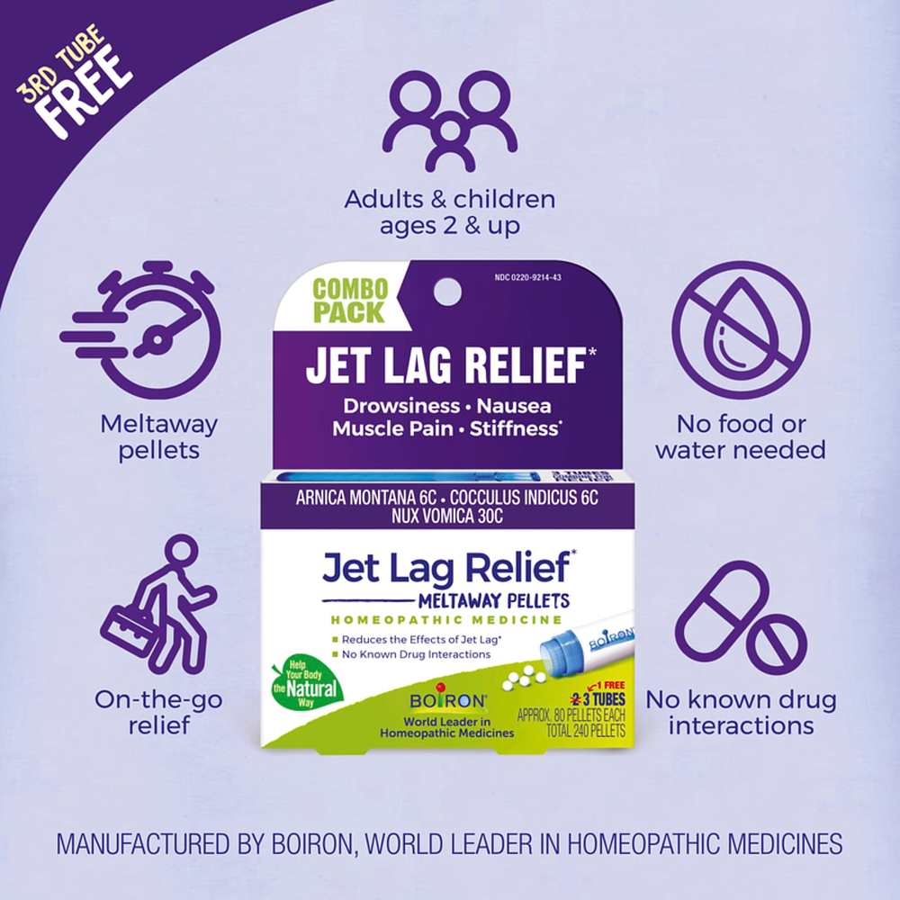 Boiron, Jet Lag Relief, гранулы для рассасывания, комбинированный набор, 3 тюбика по 80 гранул