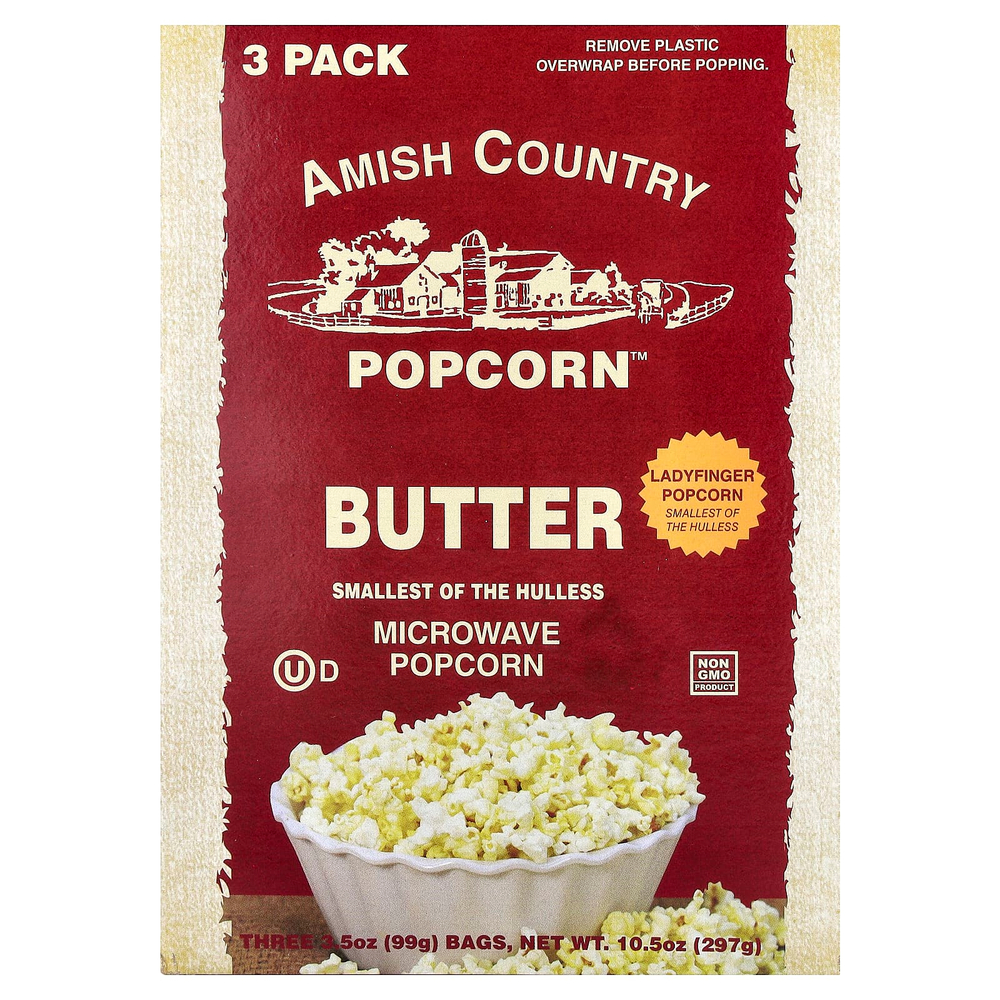 Amish Country Popcorn, попкорн для микроволновой печи, со сливочным маслом, 3 пакетика по 99 г (3,5 унции)