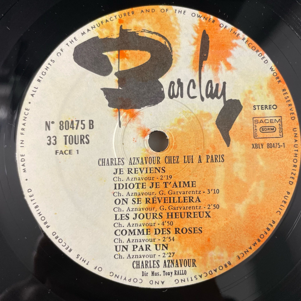 Винтажная виниловая пластинка LP Charles Aznavour Шарль Азнавур, Aznavour Chez Lui, A Paris (Франция 1973)